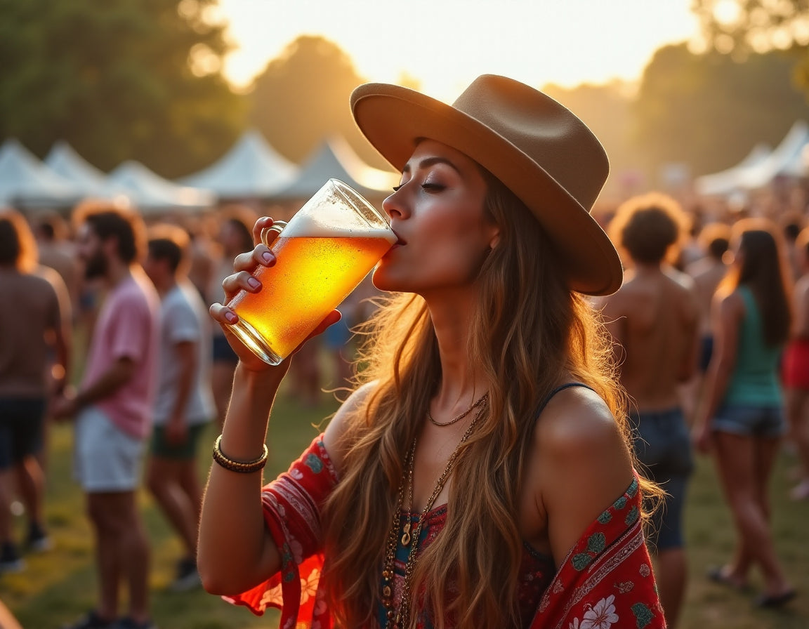 a hippy woman at a music festival drinking out of a beer glass