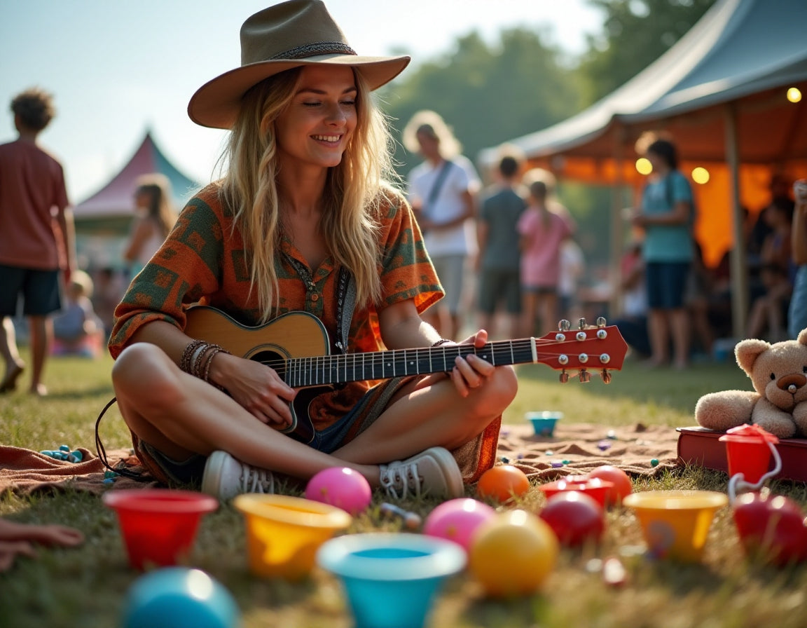 a hippy woman at a music festival playing with toys