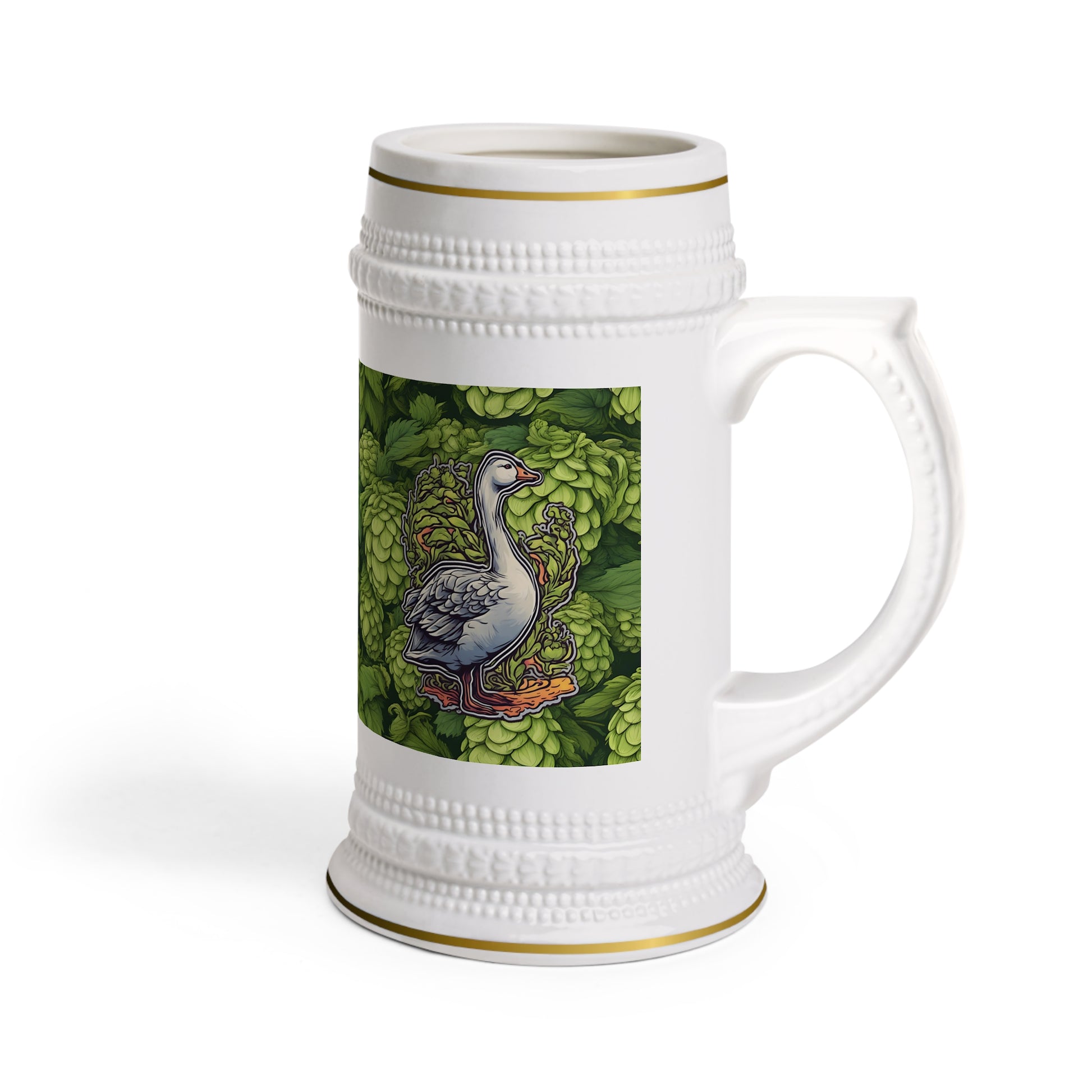 Goose Beer Stein - Vintage Goose on Hops Pattern Ceramic Mug