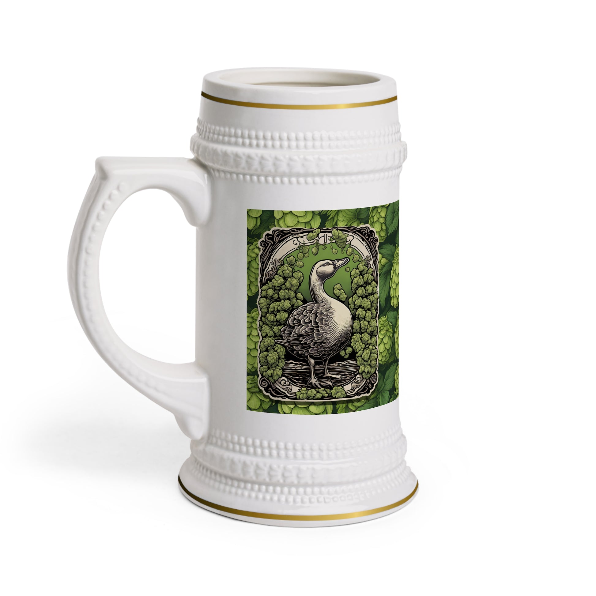 Goose Beer Stein - Vintage Goose on Hops Pattern Ceramic Mug