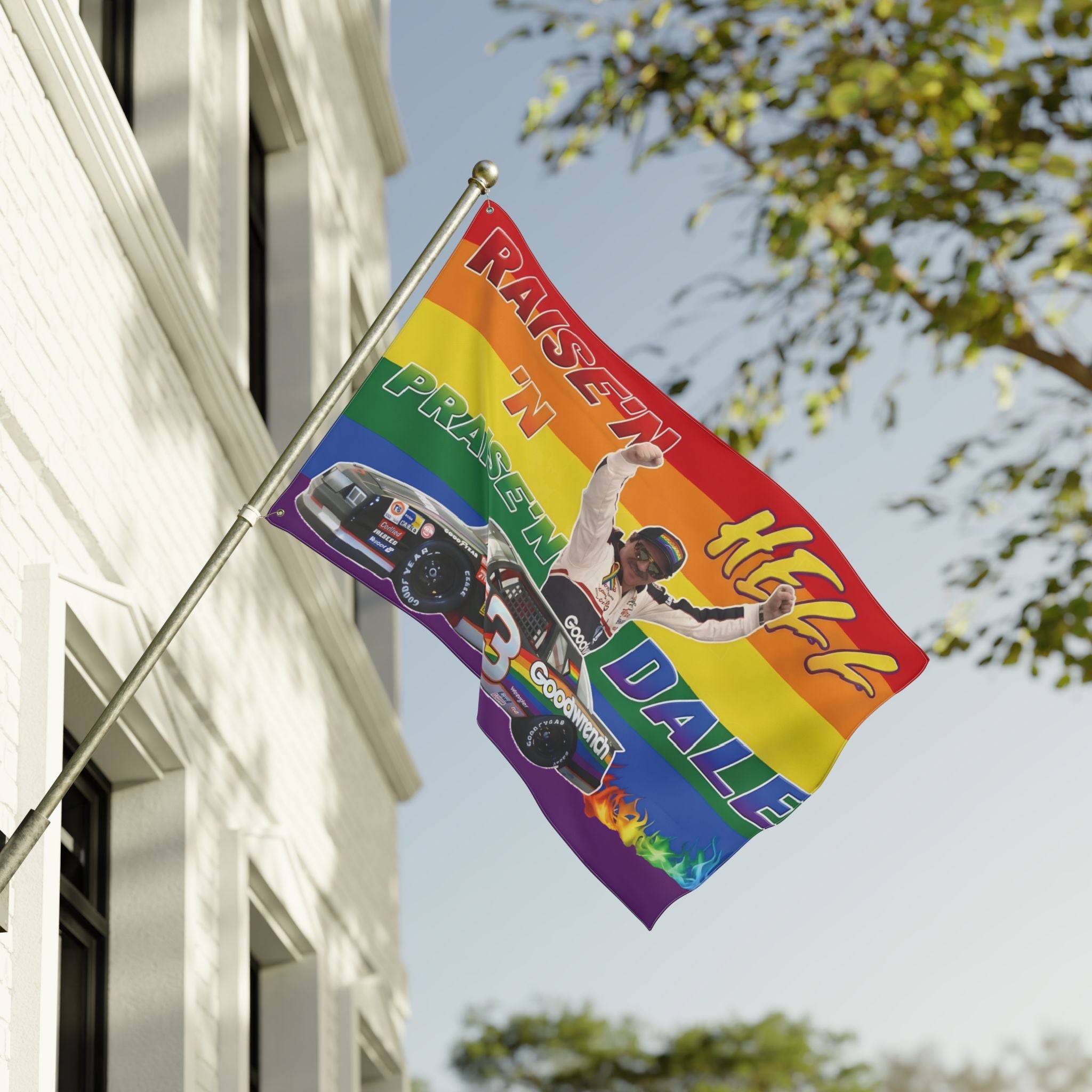 Raise'n Hell 'N Praise'n Dale Racing Pride Flag - Double-Sided Nascar Tribute Banner