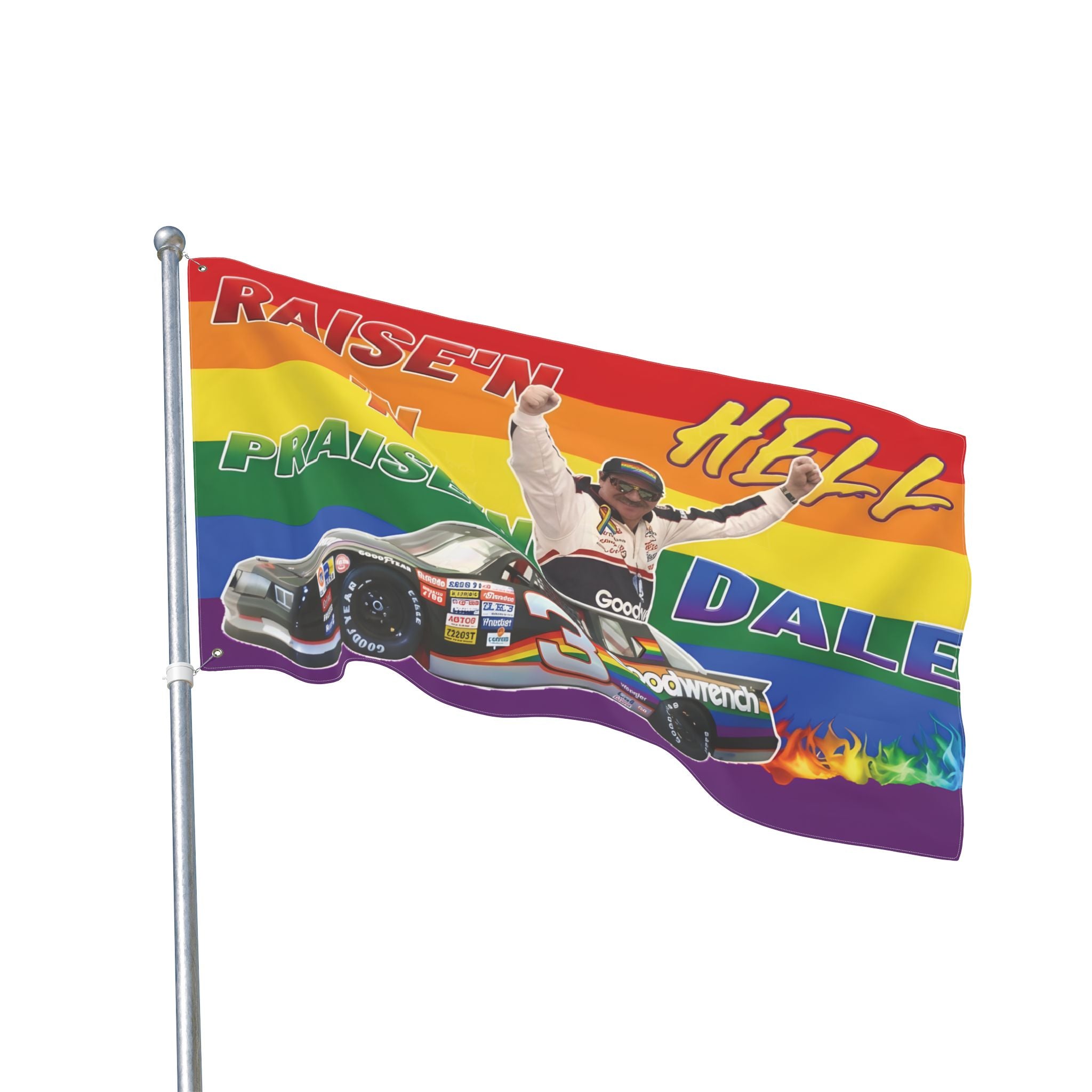 Raise'n Hell 'N Praise'n Dale Racing Pride Flag - Double-Sided Nascar Tribute Banner