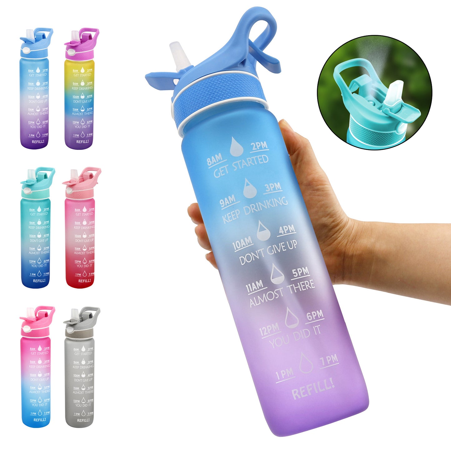 1000ML Plastic Spray Water Bottle Scrub Bounce Cover Straw Space Cup Sports Water Bottle